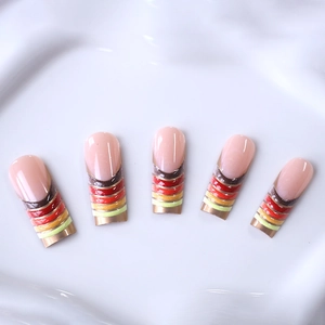 Long coffin fake nails with colorful retro french stripes and gold trim set of five