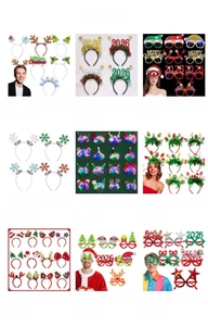 Collection of Christmas headbands and glasses featuring reindeer antlers and snowflakes