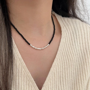 925 Sterling Silver Necklace With Black Agate Round Beads Irregular Silver Accents Minimalist Jewelry For Women