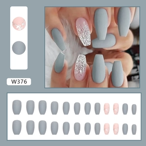 Blue and glitter coffin fake nails set W376 including twenty-four press-on nail pieces