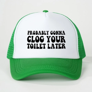 Green and white trucker hat featuring black slogan with adjustable mesh back style