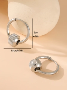 Detail view of silver round hoop earrings with textured metal beads and size dimensions