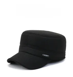 Detail of black winter flat top hat featuring woolen texture and SPORT metal emblem