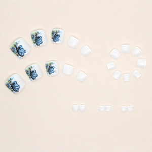 3D butterfly and floral toe press-on nails in white and blue elegant finish