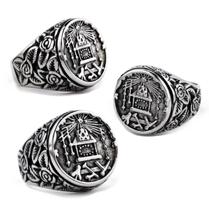 Bague Maçonnique Rose Vintage En Acier Inoxydable Pour Hommes Femmes Symbole Gravé Bijoux Gothic Punk Signet