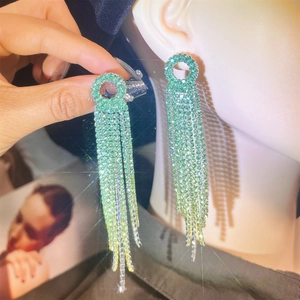 Sparkling long green rhinestone tassel earrings for women elegant bridal jewelry