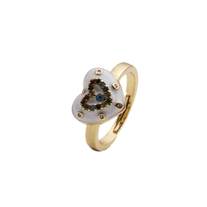 Gold-plated heart ring with white enamel evil eye pattern and adjustable open band design