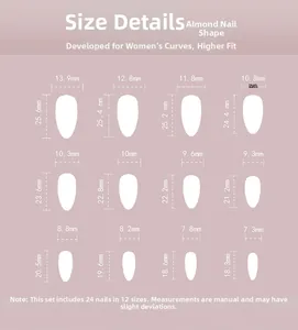 Size chart detail for almond shape press-on nails featuring 24 pieces in 12 distinct sizes