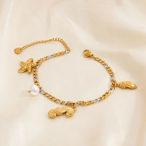 Stainless steel starfish and pearl charm bracelet with 18K gold plated ocean elements