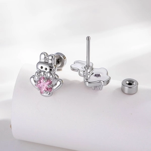 Cute silver rabbit stud earrings with pink star gemstone shown from front and back views