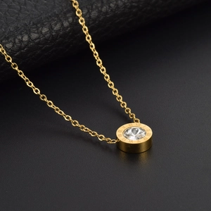 18K gold plated necklace with Roman numeral engraved disk and crystal stone pendant