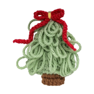 Handcrafted knitted Christmas tree hair clip with a red bow on a white background