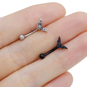 Bat skull curved barbell eyebrow ring in silver and black stainless steel finish