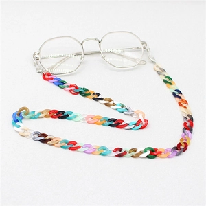 Detail of multi-color acrylic eyeglass chain with metal hooks and non-slip rings