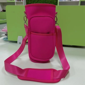 Detailed pink neoprene 40oz bottle sleeve with adjustable shoulder strap and zipper pocket