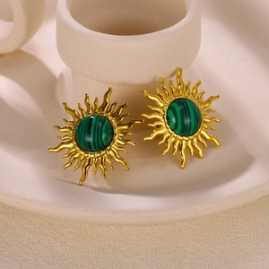 18k gold plated stainless steel sunflower earrings featuring green turquoise stone inlay