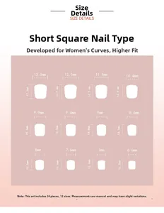 Size chart for 24pcs short square press-on nails with 12 dimensions in mm guide