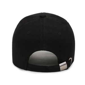 Back view of black cotton baseball cap featuring adjustable silver metal buckle detail