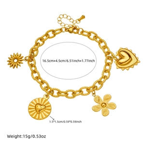 Gold chunky chain bracelet with heart and flower pendants, 16.5cm length with dimensions