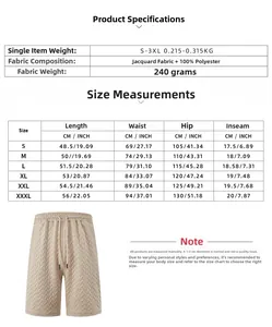 Detailed size chart for men's jacquard casual shorts showing waist and hip measurements