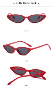 Three perspectives of retro cat eye sunglasses with red frames and black lenses