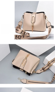 Detail of beige bucket bag with wide logo strap, gold hardware, and tassel accent