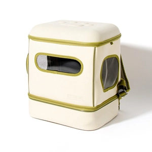 Cream and olive green portable pet carrier backpack with breathable mesh and paw print