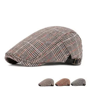 Classic British style plaid flat cap with adjustable metal buckle side strap
