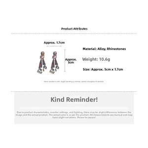 Detail view of colorful rhinestone tassel earrings with dimensions 5cm by 1.7cm and 10.6g weight