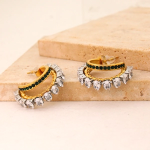Luxury double layer C-shaped earrings with green emeralds and white zircon in gold finish