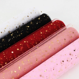 Star and moon gold stamped mesh fabric rolls in five colors for floral gift wrapping
