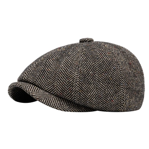Retro herringbone tweed newsboy cap for men with colorful flecks shown in a side view