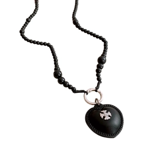 Vintage black beaded necklace with heart leather pendant and silver cross design