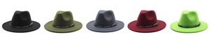 Close-up of wool fedora hats in multiple colors with embossed leather belts and buckles