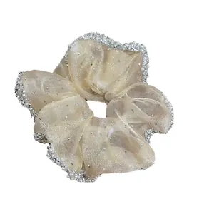 Elegant champagne organza scrunchie with sparkling rhinestones and white pearls for hair