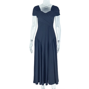 Detail of elegant V-neckline and pleated waist on navy blue A-line maxi dress
