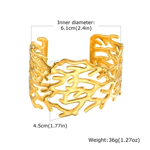 Detail view of gold coral texture hollow cuff bracelet with dimensions 6.1cm and 36g