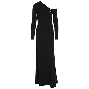 Detail of metal buttons and pleated shoulder on a black off-shoulder knitted dress