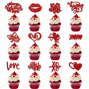 Valentine's Day Cupcake Toppers Glitter Paper Heart Love XOXO Cake Flags For Wedding Anniversary Party Decorations