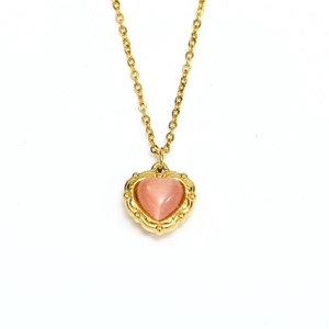French style 18k gold plated titanium necklace with pink opal heart pendant on white background