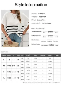 Detaillierte Größentabelle und Stoffdaten für gestreiften Kurzarm-Strickpullover