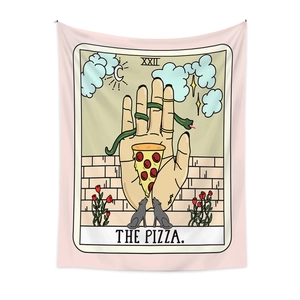 Macro detail of Bohemian tarot pizza tapestry featuring wolves and roses on pink fabric