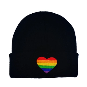 Classic black beanie with rainbow heart embroidery on white background