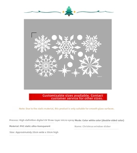 Detail showing white snowflake window stickers with UV printing on PVC static film