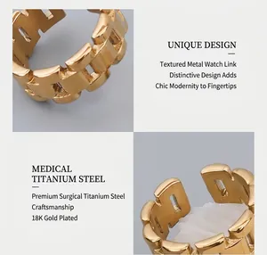 Macro shot of 18K gold plated titanium steel watch chain ring with detailed metal links