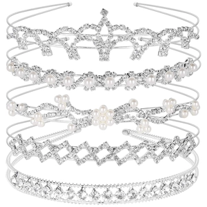 Set of 5 silver bridal headbands with sparkling rhinestones and elegant white pearls