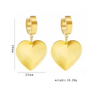 Polished 18k gold plated stainless steel heart hoop earrings measuring 38mm in height