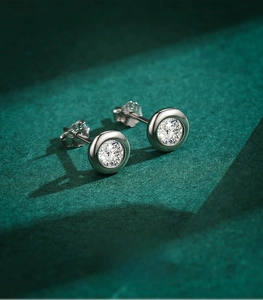 Macro shot of S925 sterling silver round stud earrings featuring clear zircon stones