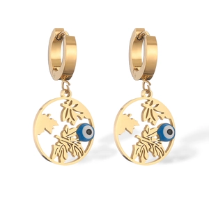 Golden hollow round evil eye earrings with blue beads and leaf pattern detail