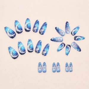 Deep blue galaxy press-on nails with silver moon and nebula star patterns, 24-piece set